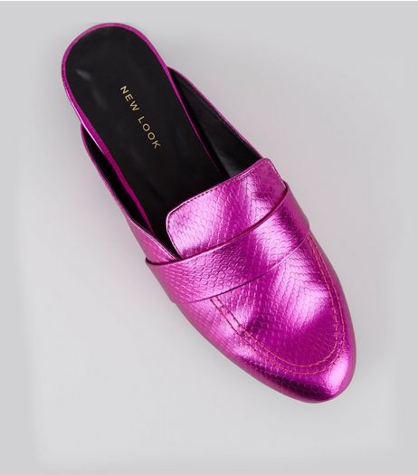 Pink Metallic Textured Loafer Mules | New Look