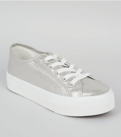 Silver Metallic Platform Trainers | New Look