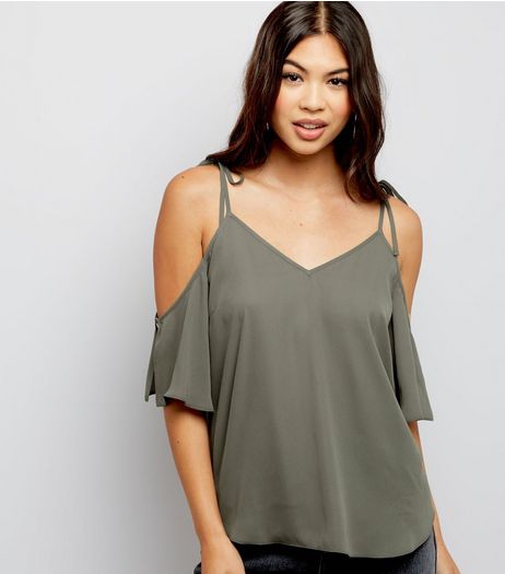 Khaki Cold Shoulder Tie Strap Top | New Look