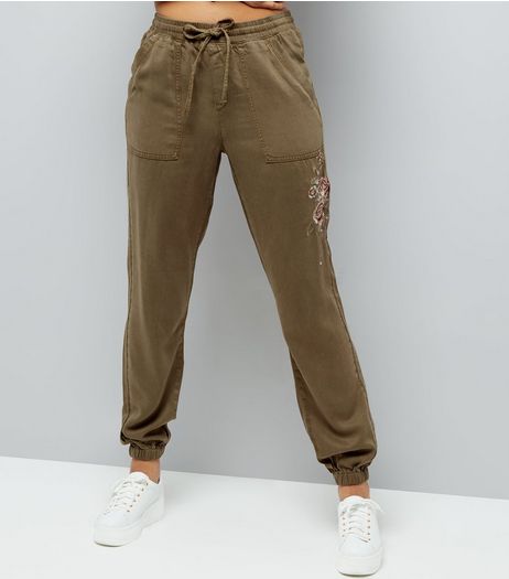 Tall Khaki Rose Embroidered Joggers | New Look