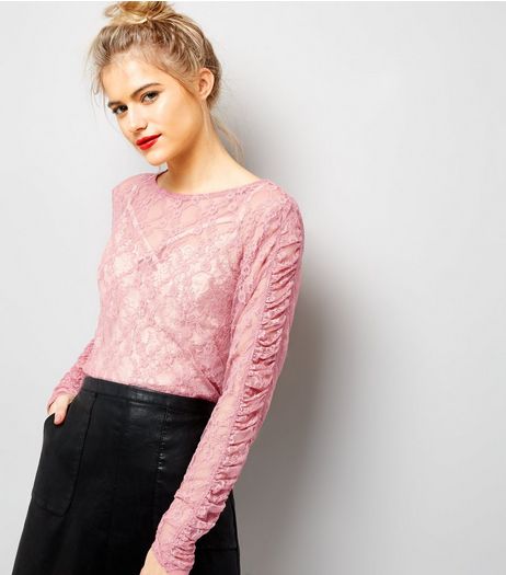 Pink Lace Ruched Sleeve Top | New Look