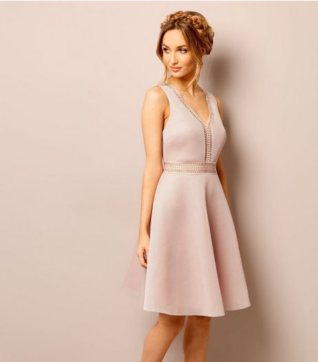 Shell Pink Lace Trim Mesh Skater Dress | New Look