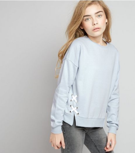 Teens Pale Blue Lace Up Side Sweater | New Look