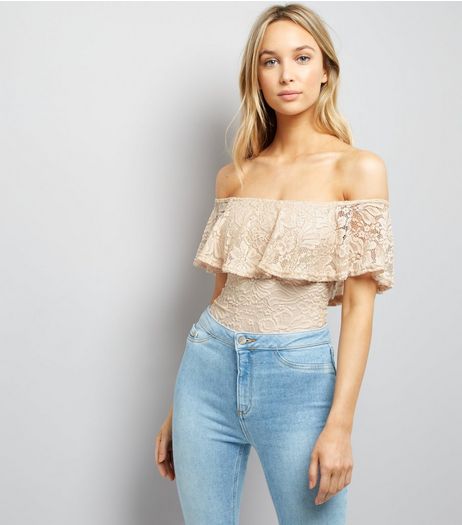Shell Pink Lace Bardot Neck Bodysuit | New Look
