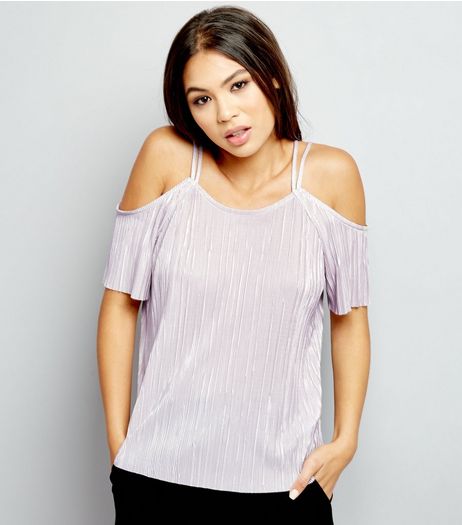 Shell Pink Metallic Pleated Cold Shoulder Top | New Look