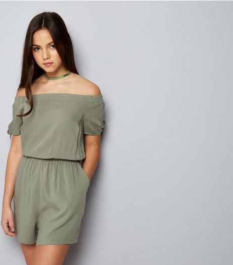 Teens Khaki Bardot Neck Tie Sleeve Playsuit | New Look