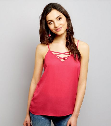Bright Pink Lattice Front Woven Cami Top | New Look