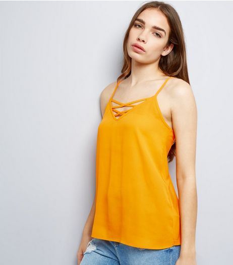 Bright Orange Lattice Front Woven Cami Top | New Look
