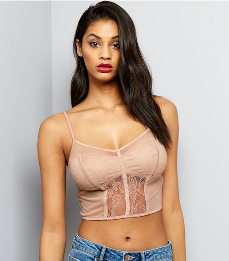 Shell Pink Mesh And Lace Longline Bralet | New Look
