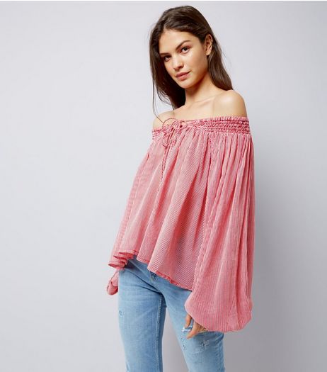 Red Stripe Shirred Bardot Neck Long Sleeve Blouse | New Look