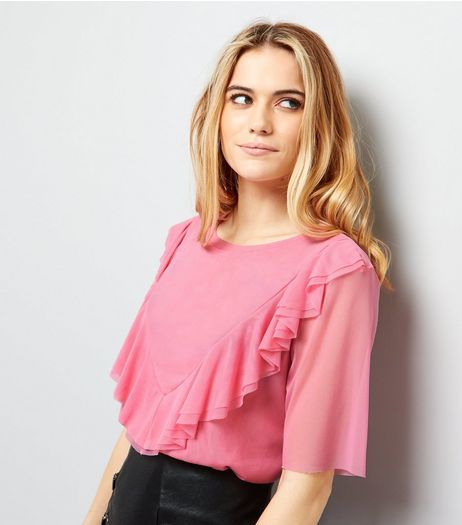 Pink Mesh Frill Trim 1/2 Sleeve Top | New Look