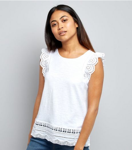 Petite White Cut Out Lace Trim Top | New Look
