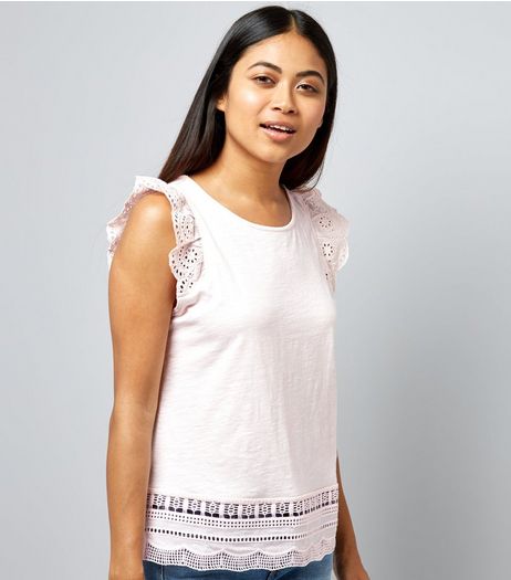 Petite Pink Cut Out Lace Trim Top | New Look