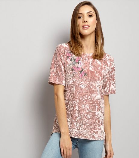 Pink Bird Embroidered Velvet T-Shirt | New Look