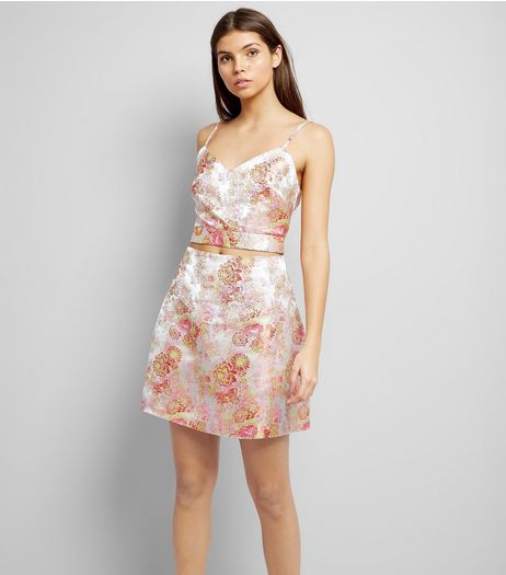 Shell Pink Floral Print Jacquard Textured Skirt | New Look