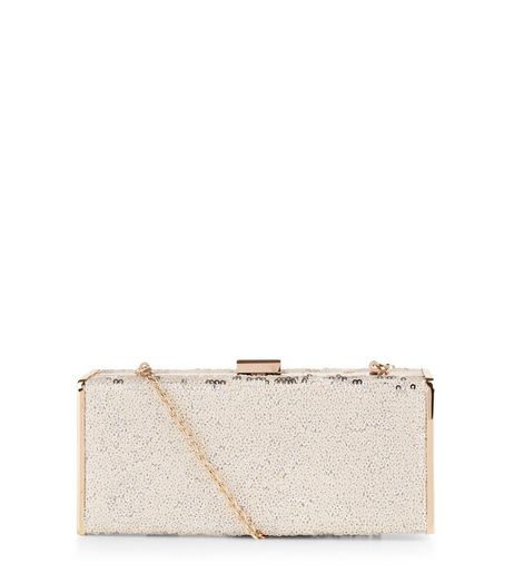 White Sequin Metal Trim Box Clutch | New Look