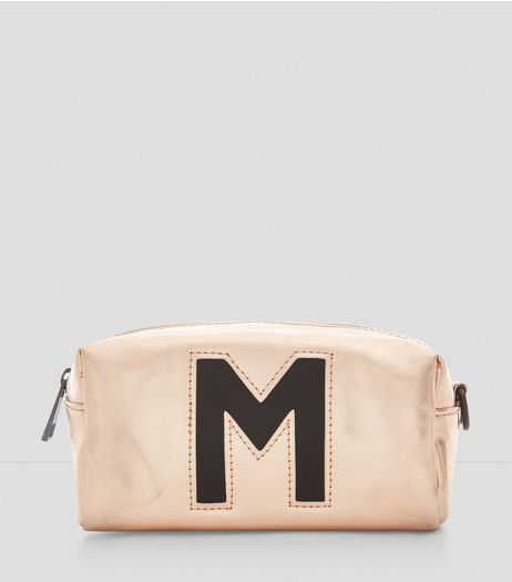 Rose Gold Metallic Initial M Make Up Bag | New Look