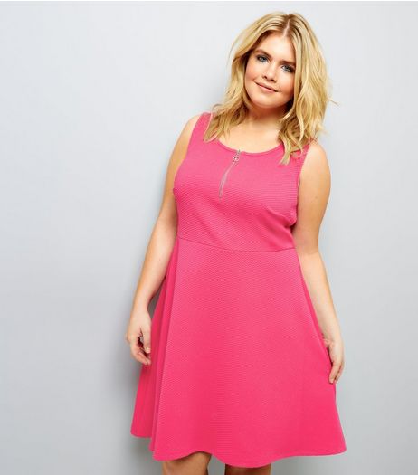 Curves Bright Pink Zip Front Textured Skater Dress | New Look