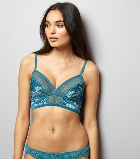 Blue Lace Trim Velvet Longline Bralet | New Look