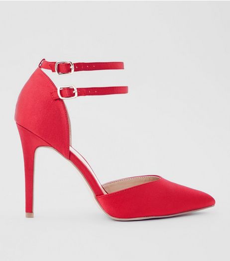 Wide Fit Red Satin Double Strap Pointed Heels | New Look