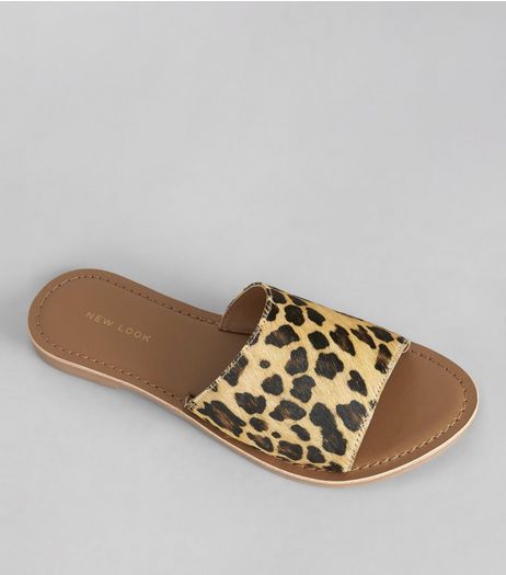 Stone Leopard Print Leather Mules | New Look
