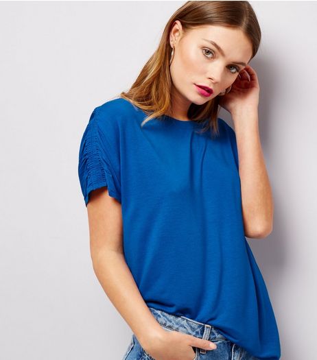 Blue Ruched Short Sleeve Shoulder T-Shirt | New Look