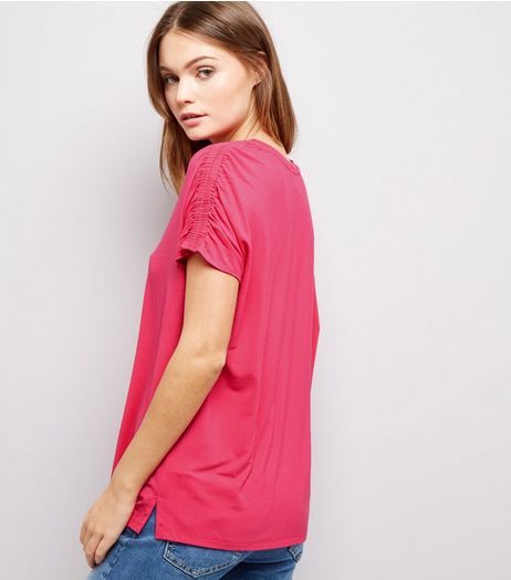 Pink Ruched Shoulder T-Shirt | New Look
