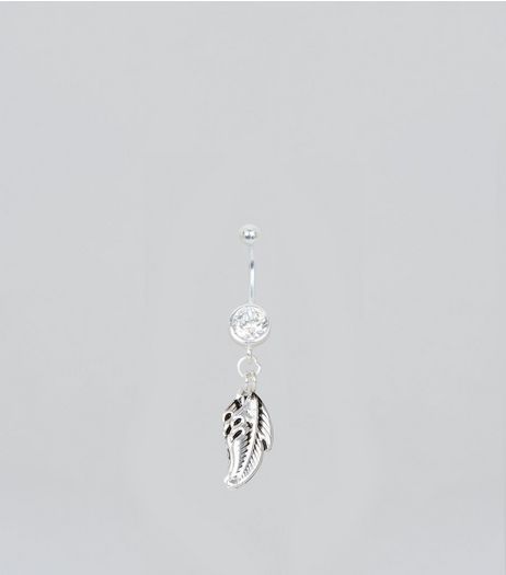 Sterling Silver Diamante Leaf Charm Belly Bar | New Look