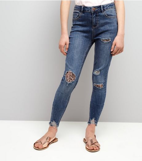 Teens Blue Ripped Sequin Insert Skinny Jeans | New Look