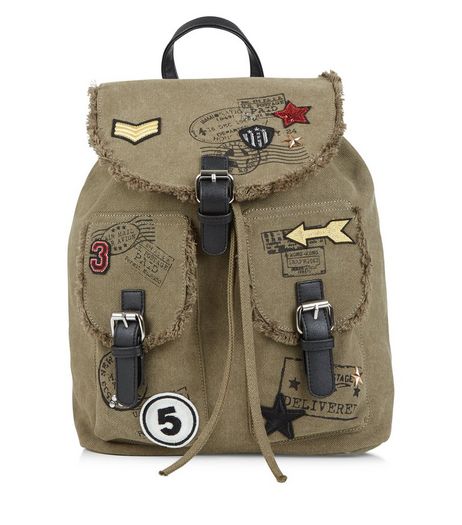 Khaki Utility Canvas Badge Backpack | New Look