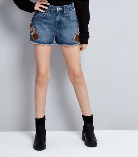 Teens Blue Floral Embroidered Studded Shorts | New Look