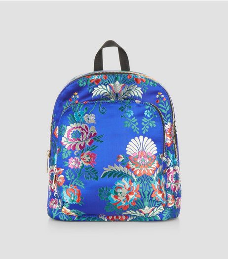 Bright Blue Sateen Floral Jaquard Mini Backpack | New Look