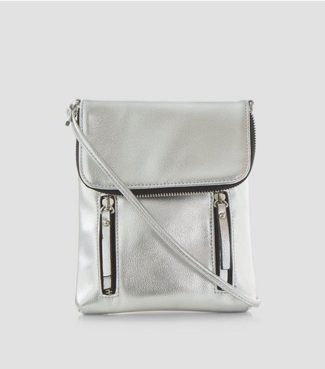 Silver Metallic Double Zip Pocket Front Cross Body Bag | New Look