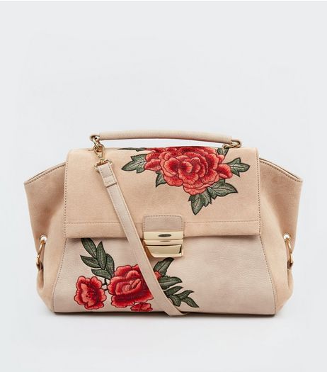 Nude Pink Suedette Panel Floral Embroidered Satchel | New Look
