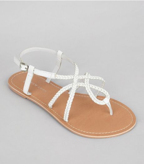 Wide Fit White Leather Plaited Sandals | New Look