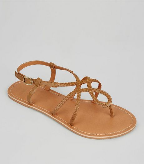 Wide Fit Tan Leather Plaited Sandals | New Look