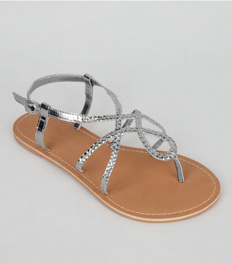 Wide Fit Silver Leather Plaited Sandals | New Look