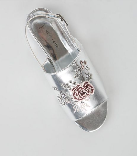 Wide Fit Silver Patent Embroidered Mules | New Look