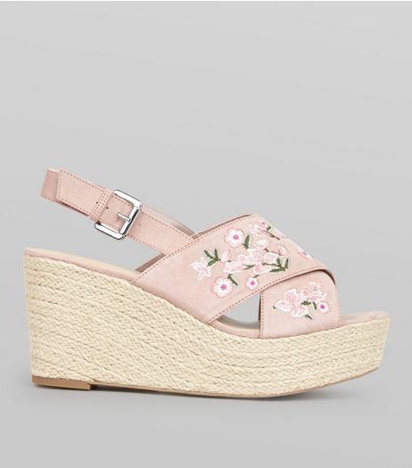 Wide Fit Pink Floral Embroidered Cross Strap Wedges | New Look