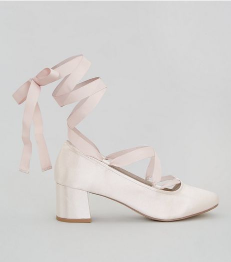 Nude Pink Satin Ankle Tie Block Heels | New Look
