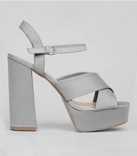 Wide Fit Grey Satin Cross Strap Platform Heels | New Look