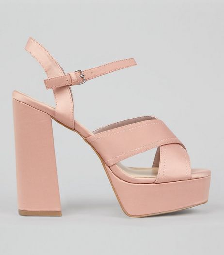 Wide Fit Pink Satin Cross Strap Platform Heels | New Look