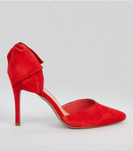 Red Suede Bow Back Pointed Heels | New Look