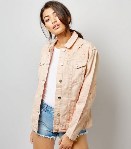 Shell Pink Cut Out Embroidered Denim Jacket | New Look