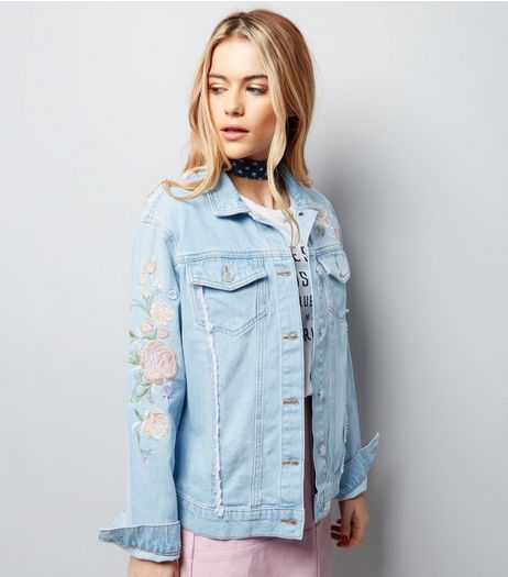 Pale Blue Floral Embroidered Frayed Seam Denim Jacket | New Look