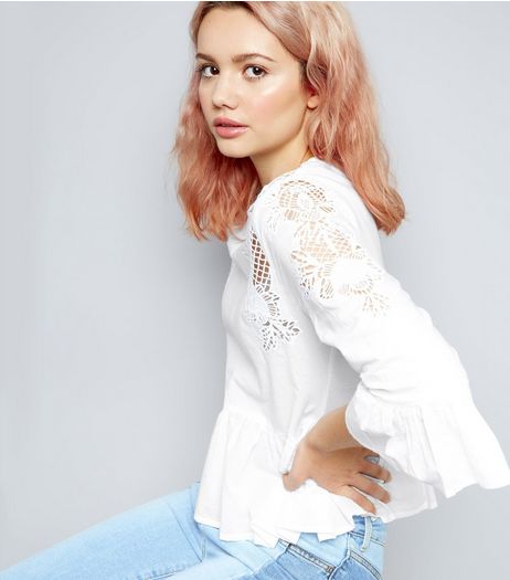 White Crochet Lace Trim Bell Sleeve Top | New Look