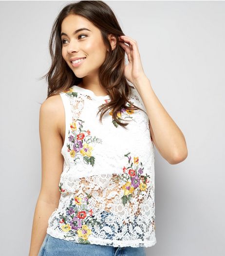 White Lace Floral Embroidered Sleeveless Top | New Look