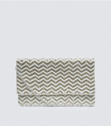 White Metallic Bead Zig Zag Embellished Envelope Clutch | New Look