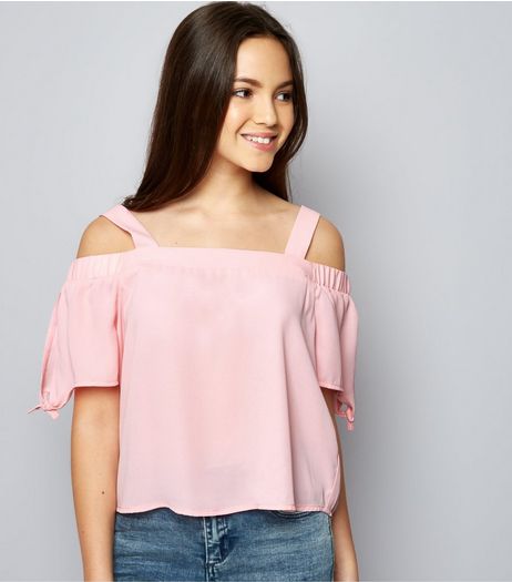Teens Pink Tie Sleeve Cold Shoulder Top | New Look