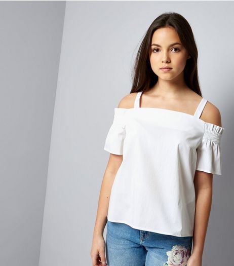 Teens White Shirred Cold Shoulder Bardot Neck Top | New Look